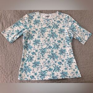 Lands' End Women's Short Sleeve Floral Sun Tee Teal White UPF 50+ Nylon